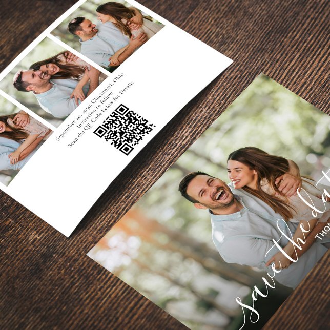 Enkelt skript Photo Bröllop spara datum Inbjudningar (Wedding save-the-date photo card with a scannable QR code. )