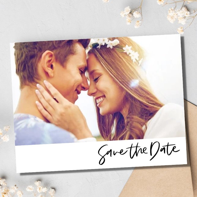 Enkelt skript Photo Bröllop spara datum Meddelande Vykort (Simple Script Photo Wedding Save the Date)