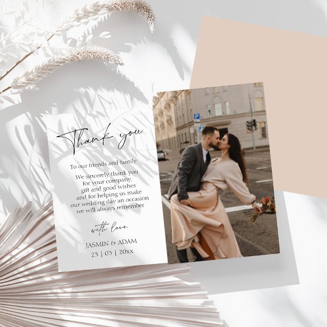 Enkelt  skript Photo Bröllop Tack Vykort (Simple Pink Script Photo Wedding Thank You Postcard)