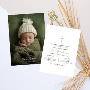 Enkelt skript Spädbarn katolsk baptism Foto Guld Inbjudningar