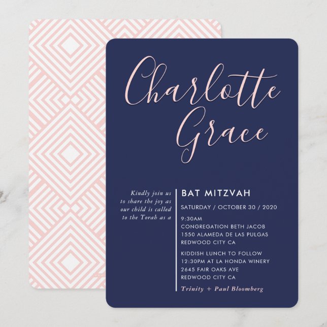 ENKELT SKRIPTA modern Bat mitzvah marinblått rosa Inbjudningar (Fram/baksida)