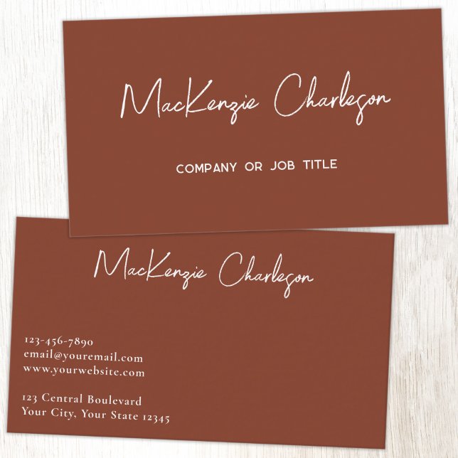 Enkelt Skriptnamn Modern Terrakotta Visitkort (Simple modern minimalist script professional business card design terracotta brown)