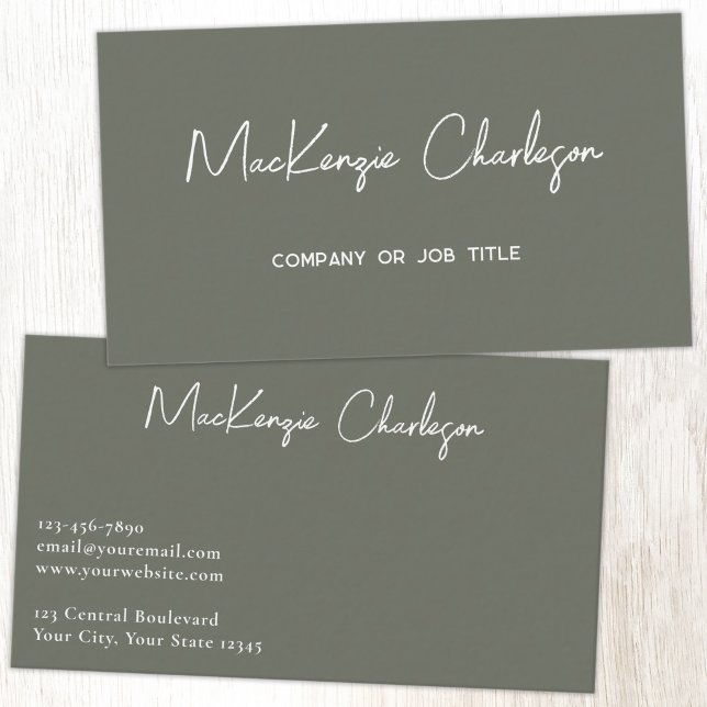 Enkelt Skriptnamn Modernt Salvia Grönt Visitkort (Simple modern minimalist script professional business card design sage green)