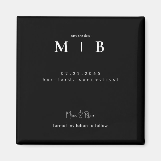 Enkelt Sleek Monogram Black Bröllop spara datum Magnet (Framsidan)