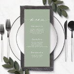 Enkelt Solid Färg Light Löv Grönt Bröllop Menu Meny<br><div class="desc">Enkelt Solid Färg Light Löv Grönt Bröllop-meny. Det här moderna menykortet för chic är enkelt klassiskt och elegant med en vanlig bakgrund i färg och ett söt namnteckning skriptcalligrafteckensnitt med svan. Visas i den nya Colorway. Med ett söt monogram på baksidan. Finns i flera alternativ för färg eller kan redigera...</div>