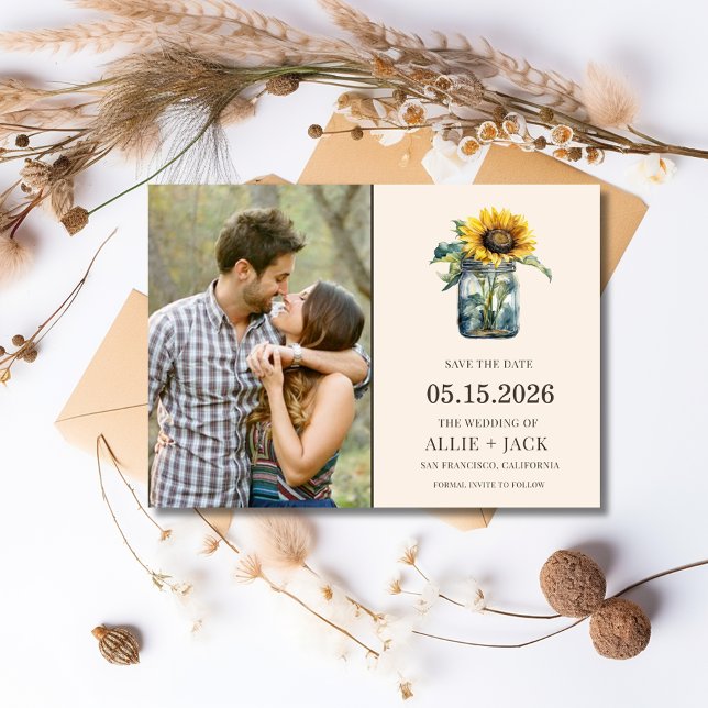 Enkelt solrosfoto från Rustic Bröllop Spara Datumet (Simple Sunflower Rustic Wedding Photo Save The Date)