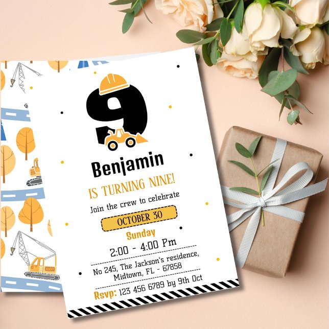 Enkelt sött lastbil-barn 9:e födelsedag inbjudningar (Skapare uppladdad)