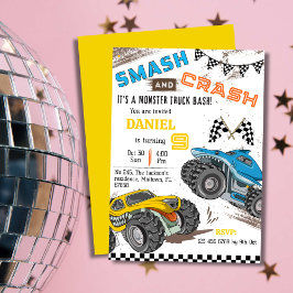 Enkelt sött modernt monster lastbil unge 9-årsdage inbjudningar