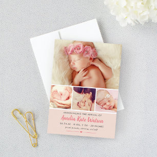 Enkelt Sött Rosa Babyflicka Fotokollage Födelse Meddelande