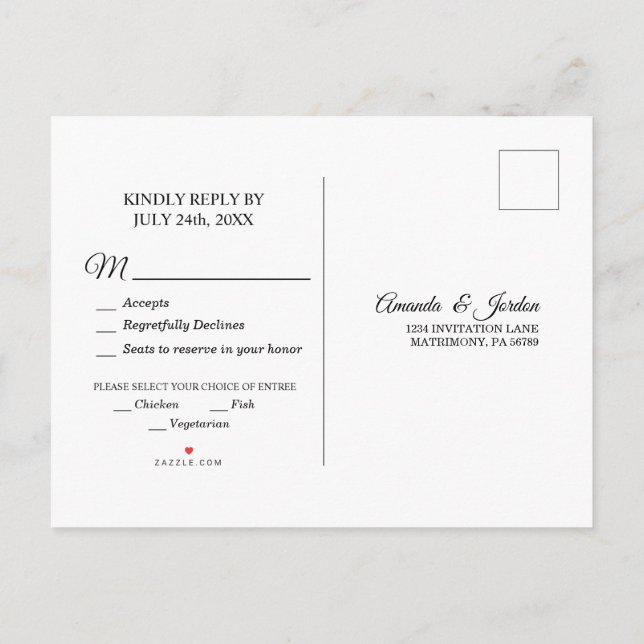 Enkelt svarskort för svart vitt kalligrafi inbjudan vykort (Baksida)