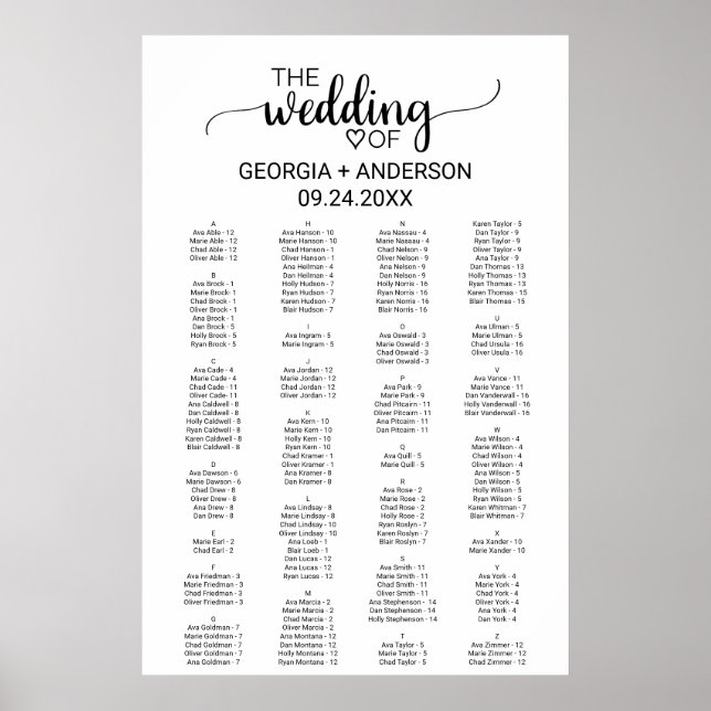 Enkelt svart alfabetiskt sittdiagram poster (Framsidan)