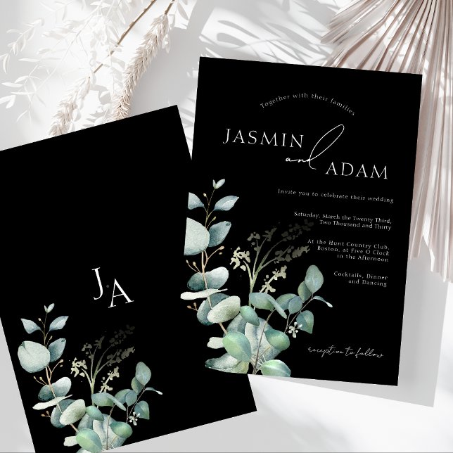 Enkelt svart grönt Eucalyptus Monogram Bröllop Inbjudningar (Simple Black Greenery Eucalyptus Monogram Wedding Invitation)
