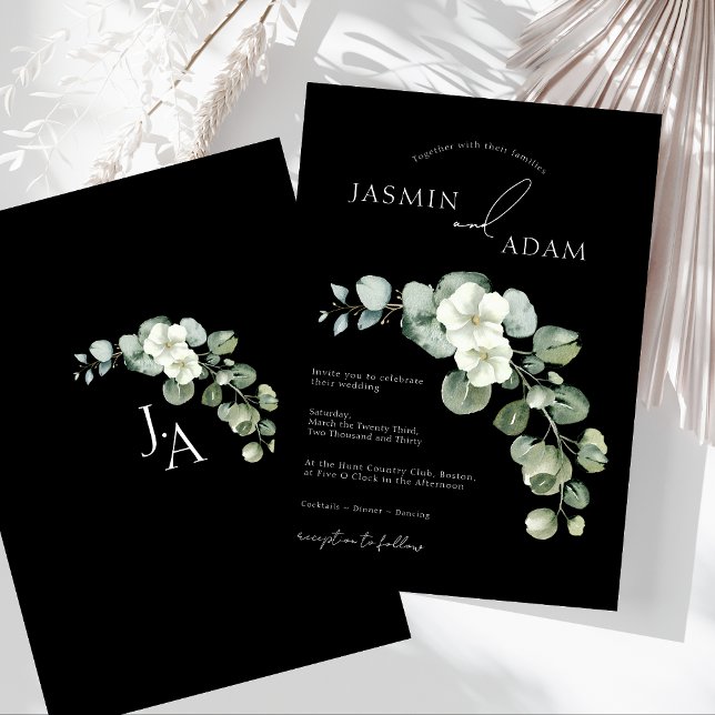 Enkelt svart grönt Eucalyptus Monogram Bröllop Inbjudningar (Simple Black Greenery Eucalyptus Monogram Wedding Invitation)