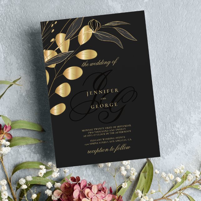 Enkelt svart guld monogram initialer blommigt bröl inbjudningar (Simple black gold monogram initials floral wedding )