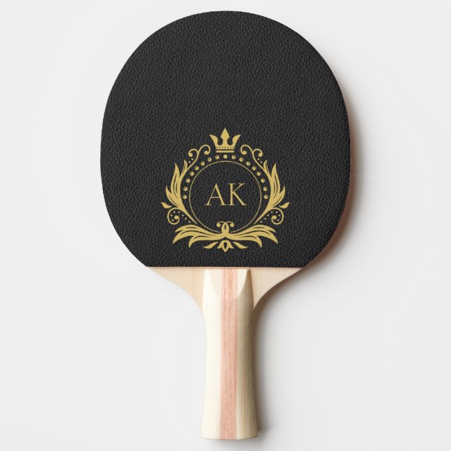 Enkelt svart läder Guld Krona Ram Monogram Pingisracket (Framsidan)