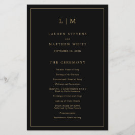 Enkelt svart och Guld Monogram-Bröllopsprogram
