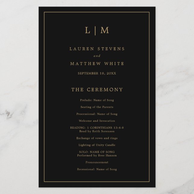 Enkelt svart och Guld Monogram-Bröllopsprogram (Framsida)