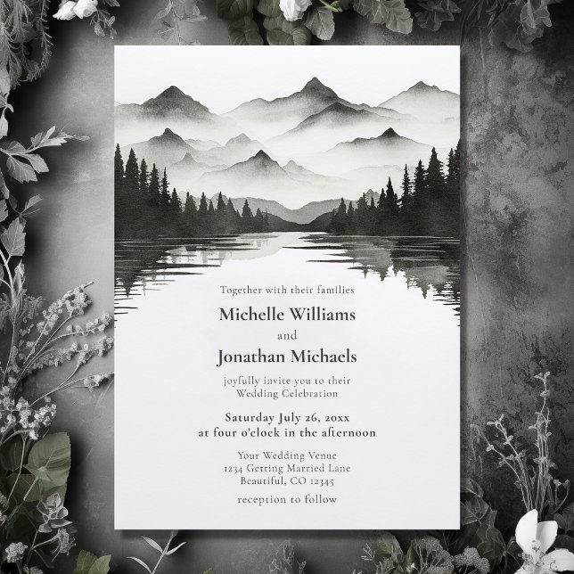 Enkelt svart och vitt berg Sjö Bröllop Inbjudningar (Front - Simple Black and White Mountain Lake Wedding Invitation)