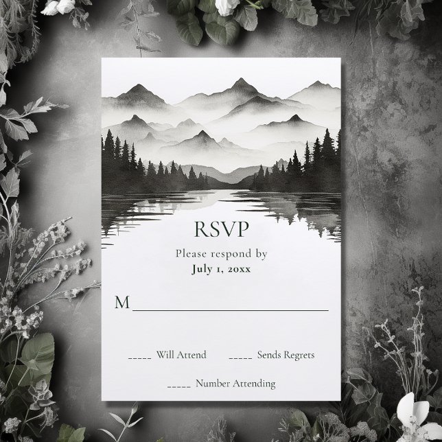 Enkelt svart och vitt berg Sjö Bröllop OSA Kort (Front - Simple Black and White Mountain Lake Wedding RSVP Card)