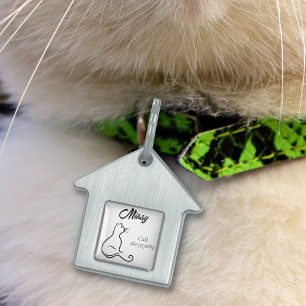 Enkelt svart och vitt katt silhuett ID-bricka husdjur