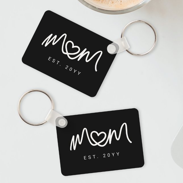 Enkelt svart och vitt manus  Mamma etablerade Est Nyckelring (Simple Black and White Script Mom Established Est Keychain)