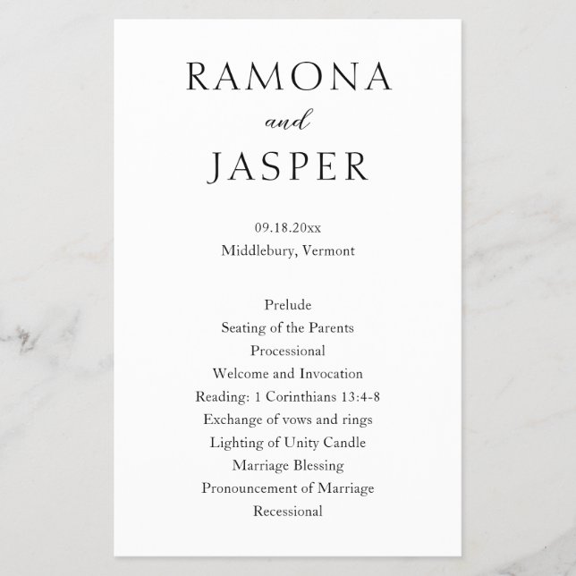 Enkelt, svart och vitt, modernt Bröllopsprogram (Framsidan)