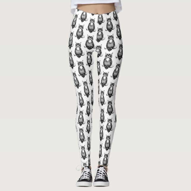 Enkelt svart och vitt Uggla Mönster Leggings (Framsida)