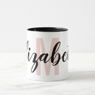 Enkelt svart, Rosa, handskript Monogram Mugg