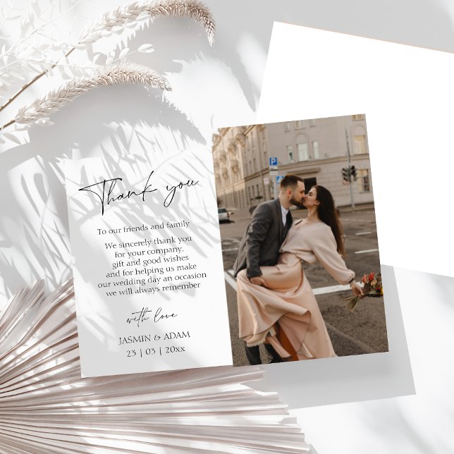 Enkelt svart skript Photo Bröllop Tack Vykort (Simple Black Script Photo Wedding Thank You Postcard)