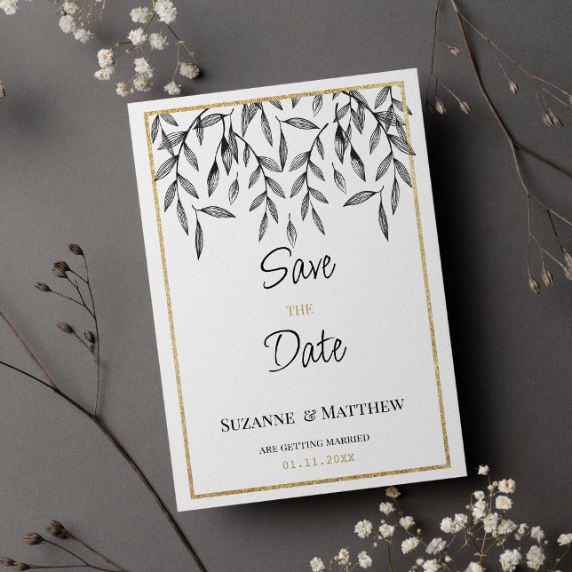 Enkelt svart vitt löv guld Spara datum Inbjudningar (Simple black white gold foliage Save the Date )