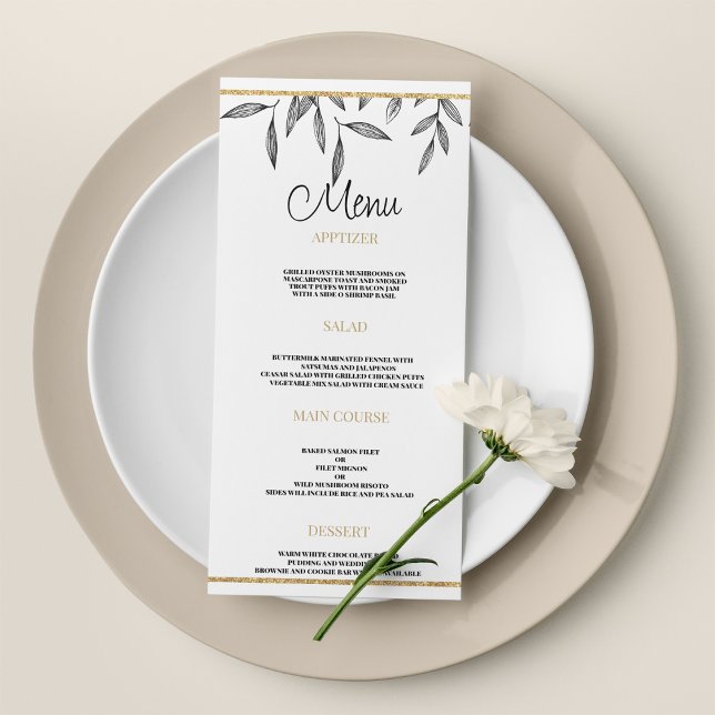 Enkelt svartvit guld blad Bröllop Menu Program (Simple black white gold foliage Wedding Menu)