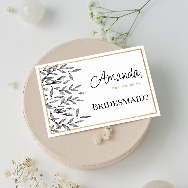 Enkelt svartvit guld blommigt foliage Bridesmaid Inbjudningar (Simple black white gold floral foliage Bridesmaid )