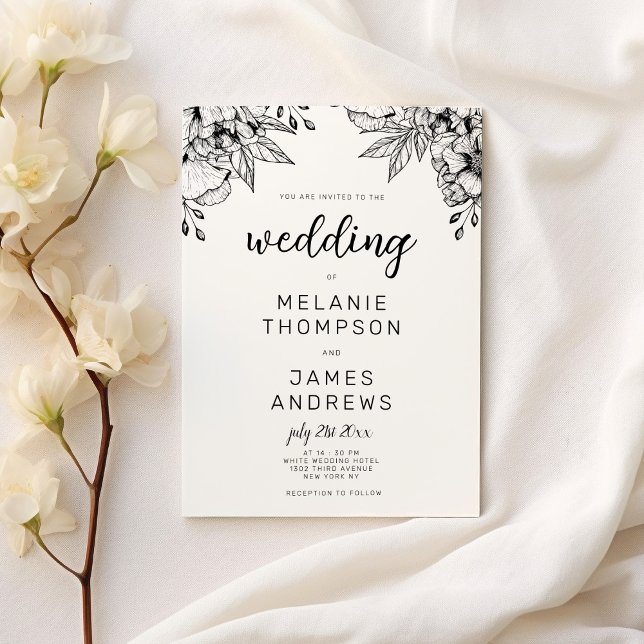 Enkelt svartvitt blommigt bröllop inbjudningar (Simple black and white floral theme wedding)