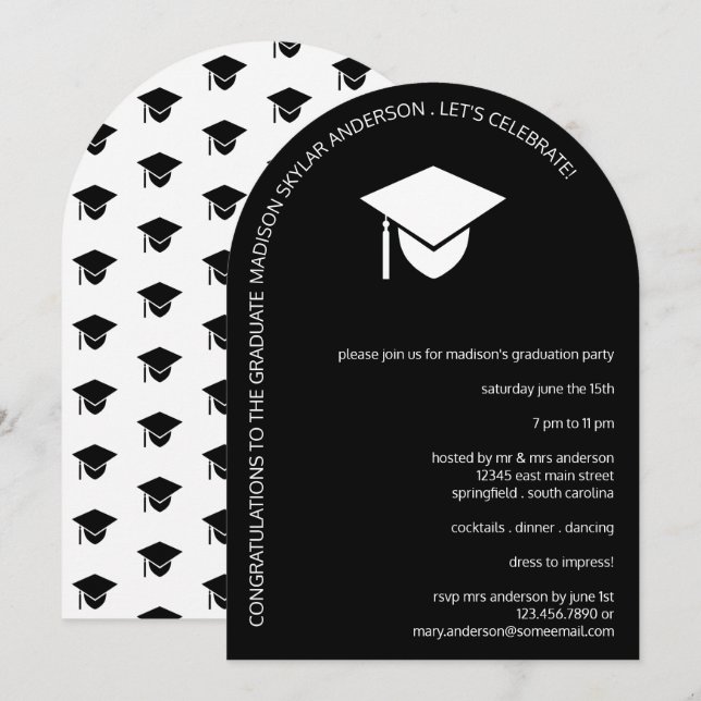 Enkelt svartvitt N Tassel-Studentfest Inbjudningar (Fram/baksida)