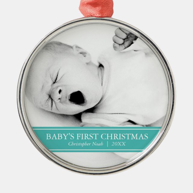 Enkelt Teal and White-Anpassningsbar Foto-jul Julgransprydnad Metall (Framsidan)