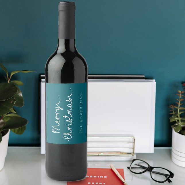 Enkelt Teal White Namn-minimalistiskt God jul Vinflaska Etikett (Simple Teal White Name Minimalist Merry Christmas Wine Label)