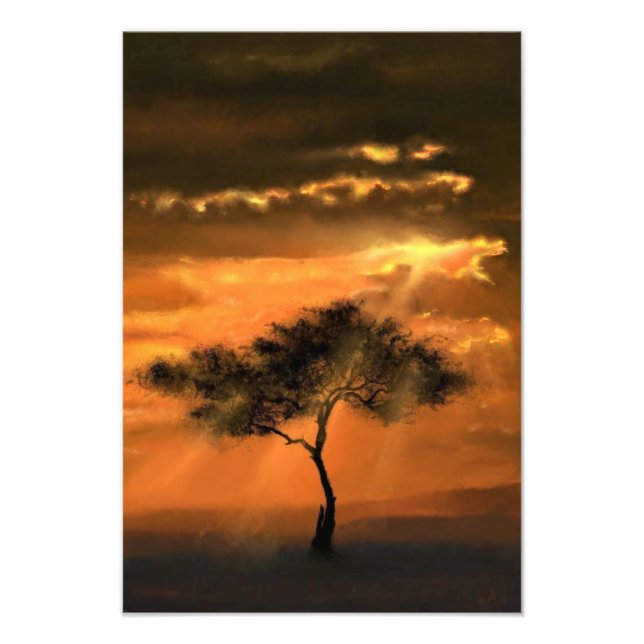 Enkelt Träd Sunbeams Sunset Photo Print Fototryck (Framsidan)