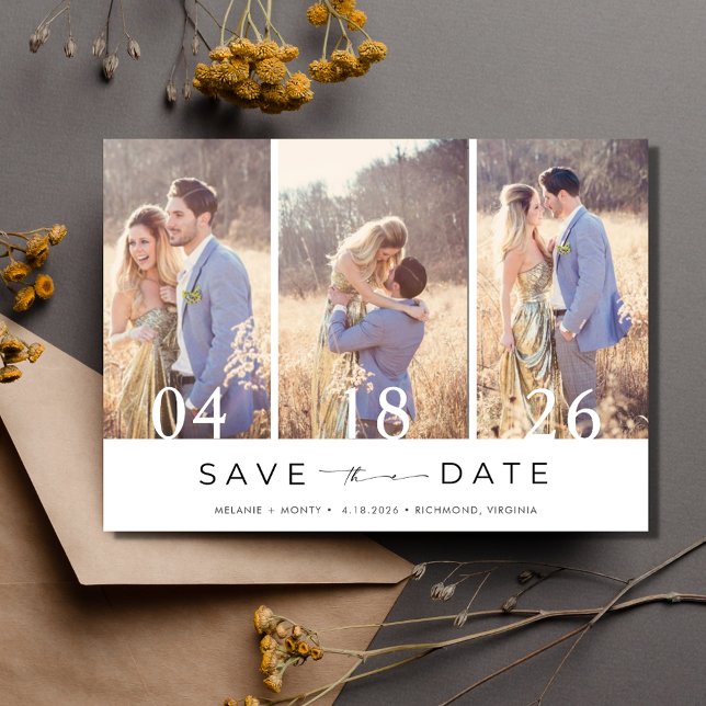 Enkelt tre foto Bröllop spara datum Spara Datumet (Simple Three Photo Wedding Save the Date)