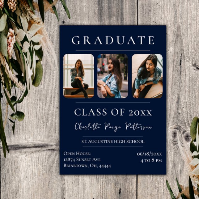 Enkelt tre foto Studenten | Blå flotta Inbjudningar (Navy Blue Simple Three Photo Graduation Invitation)