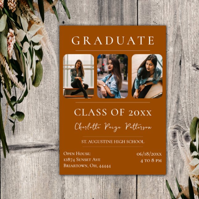 Enkelt tre foto Studenten | Bränd Orange Inbjudningar (Burnt Orange Simple Three Photo Graduation Invitation)