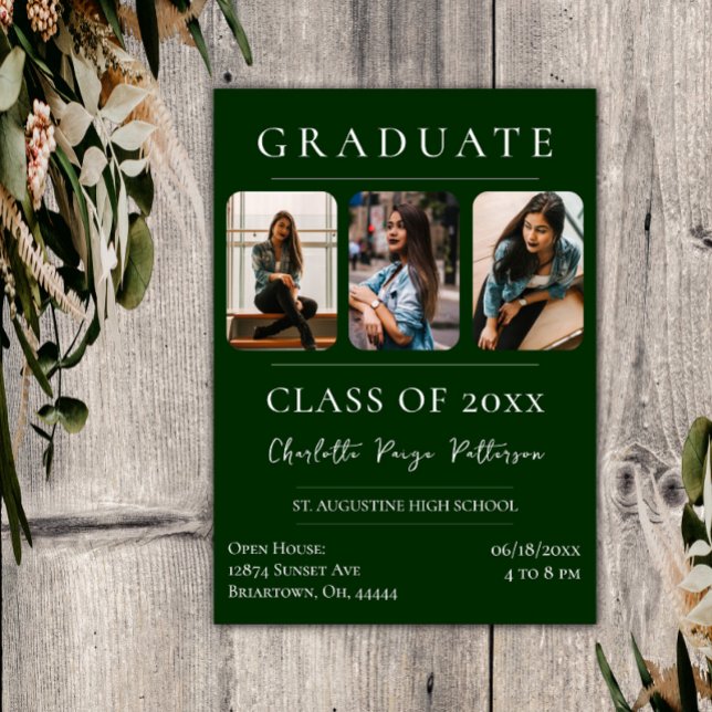 Enkelt tre foto Studenten | Emerald Grönt Inbjudningar (Emerald Green Simple Three Photo Graduation Invitation)