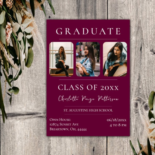 Enkelt tre foto Studenten | MAGENTA Inbjudningar (Magenta Simple Three Photo Graduation Invitation)
