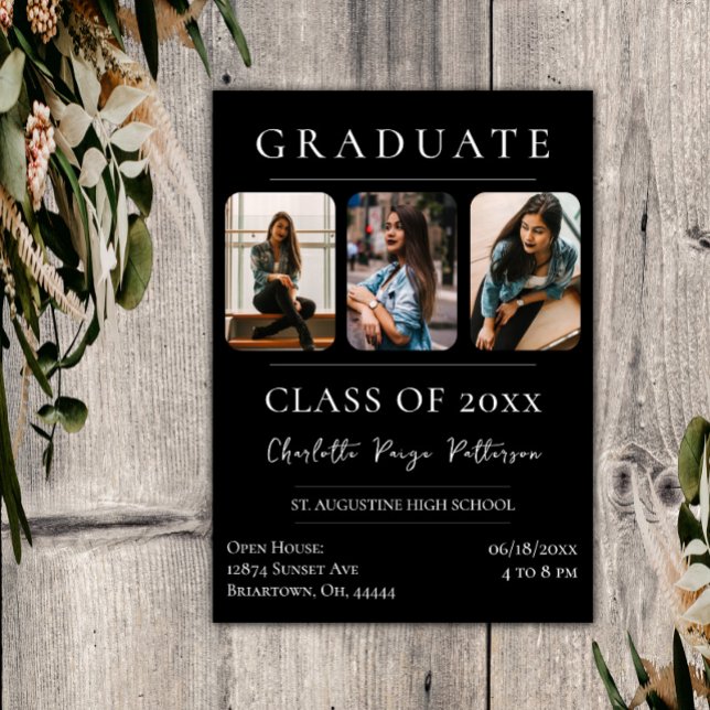 Enkelt tre foto Studenten | Svart Inbjudningar (Black Simple Three Photo Graduation Invitation)