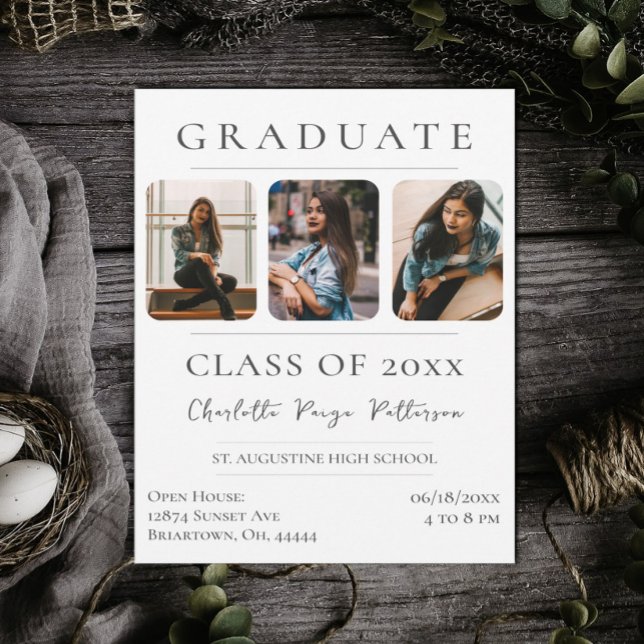 Enkelt tre foto Studenten | Vit Inbjudningar (White Simple Three Photo Graduation Invitation)