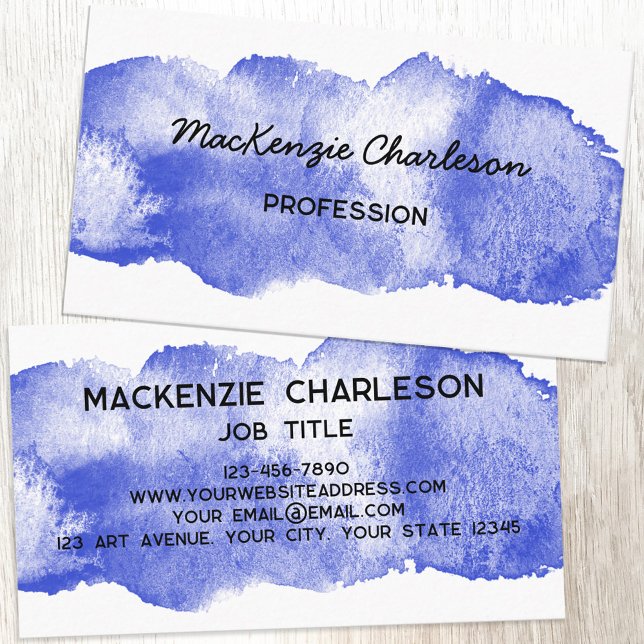 Enkelt vattenfärgsfärg, blå pennstreck visitkort (Simple watercolor paint brushstroke custom text business card)