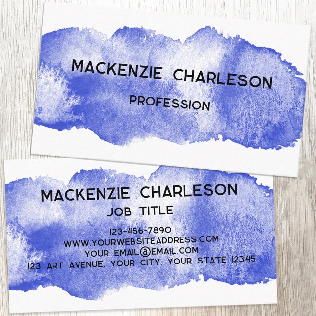 Enkelt vattenfärgsfärg, blå pennstreck visitkort (Simple watercolor paint brushstroke custom text business card)