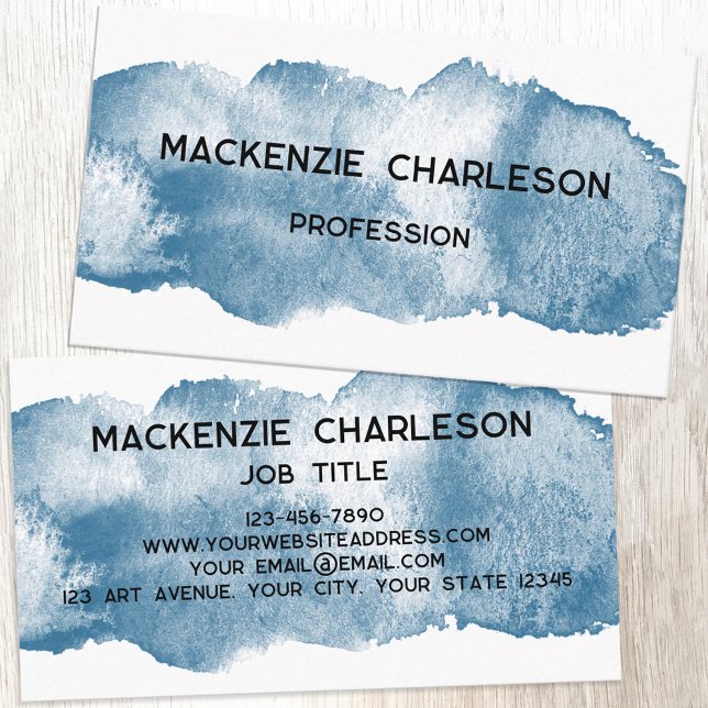 Enkelt vattenfärgsfärg, blått penseldrag visitkort (Simple watercolor paint brushstroke custom text business card)