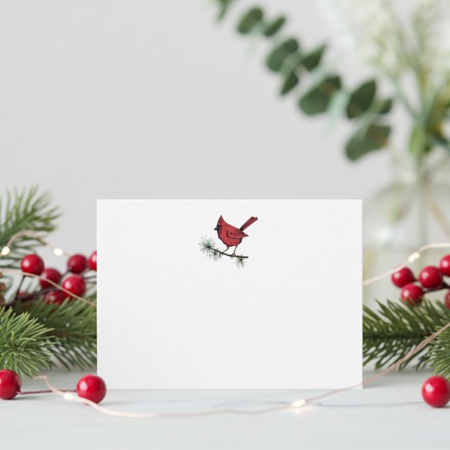 Enkelt vinterrödkardinalfåglar anteckningskort (Simple Red Cardinal on Pine Branch Illustration Winter Note Card in White. Elegant Red Bird for Xmas)
