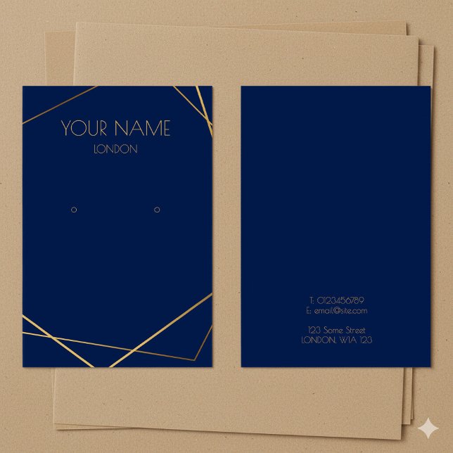 Enkelt visning för geometrisk blå öronring i guld visitkort (Simple gold geometric blue earring display card.)