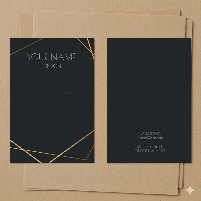 Enkelt visning för geometrisk öronring i guld visitkort (Simple gold geometric earring dark display card.)